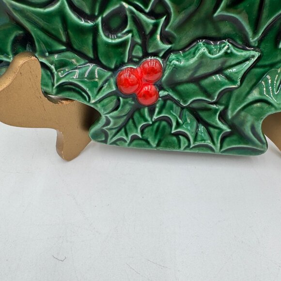 Ceramic Christmas Tree-Shaped Decor With Holly & Berries Design Green & Gold Fin - Picture 2 of 13
